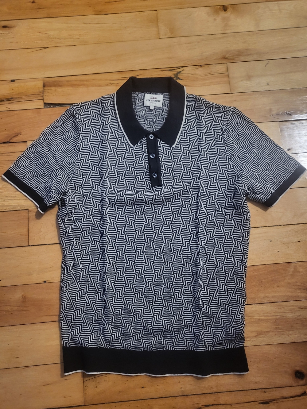 Ben Sherman Black and White Maze-Pattern Polo